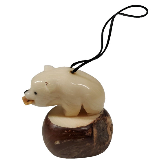 Tagua Nut Carving Polar Bear With Fish Hanging Ornament - Picture 2 of 7